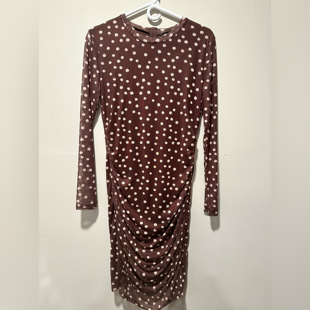 525 America Brown Polka Dot Mesh Dress